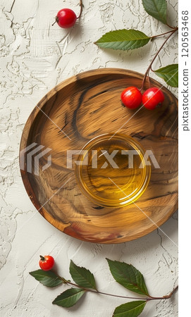 Rosehip extract oil on wooden bowl for skincare natural ingredient 120563468