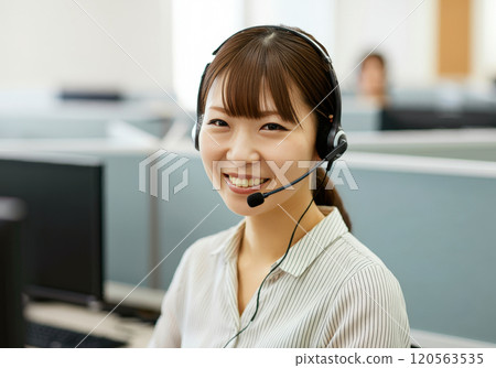 一位年輕的女性呼叫中心接線生微笑著看著我 一位年輕的女性呼叫中心接線生微笑著看著我 120563535