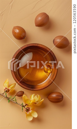 Top of view argan oil extract for skincare ingredient on wooden bowl 120563590
