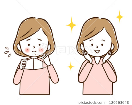 A woman with rough skin after using a mask, showing how her skin has become clearer afterwards 120563648