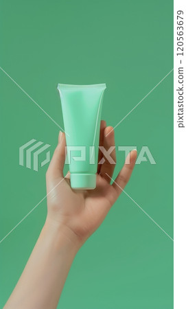 Mockup blank bottle tube skincare on young hand female isolated background 120563679