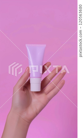 Mockup blank bottle tube skincare on young hand female isolated background 120563680