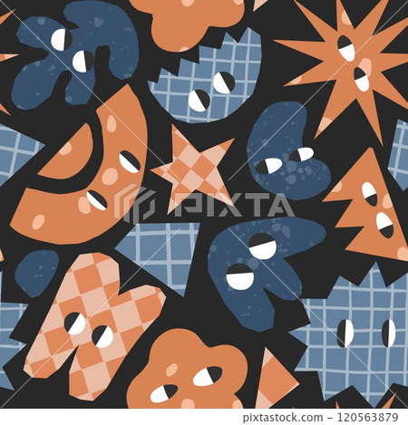 Beautiful seamless pattern with hand drawn abstract cute shapes with eyes. Ready to use print design. Children surface pattern. 120563879