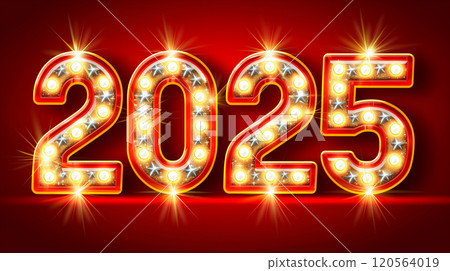 Numbers 2025 with bright garland on a bright red backdrop. 120564019
