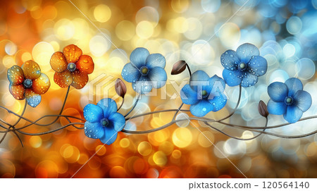 Artistic illustration of blue and orange flowers on the blurred colorful backdrop with golden lights 120564140