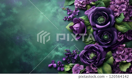Luxury floral design with purple flowers and green background for creative projects 120564142