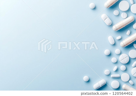 Health care theme with pills and capsules of various colors 120564402