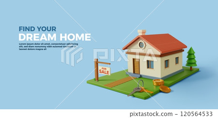3D building. Home rent. Mortgage credit or sale icon. Property buying. Commercial architecture insurance. Money lease. Townhouse exterior. Cottage purchase. Vector real estate banner 3D building. Home rent. Mortgage credit or sale icon. Property buying. Commercial architecture insurance. Money lease. Townhouse exterior. Cottage purchase. Vector real estate banner 120564533