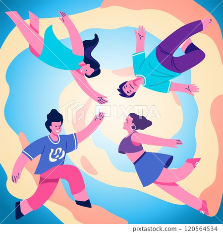 Abstract flying people. Happy young men and women in sky. Dreaming and freedom symbol. Guy and girl in different poses. Imagination and inspiration movement. Vector cartoon illustration 120564534