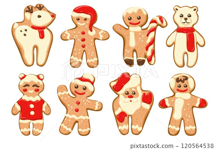 Ginger man. Christmas gingerbread. Holiday cookie with glaze. Pastry decoration. Bread shapes. Woman or girl with hat. Boy characters. Baking Xmas face. Santa biscuit. Vector cartoon set Ginger man. Christmas gingerbread. Holiday cookie with glaze. Pastry decoration. Bread shapes. Woman or girl with hat. Boy characters. Baking Xmas face. Santa biscuit. Vector cartoon set 120564538
