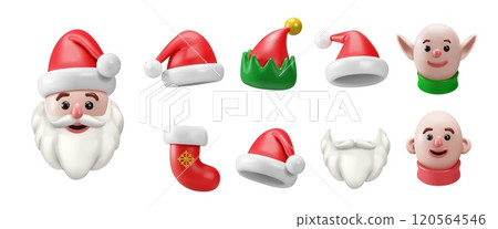 3d Santa. Claus hat, beard and Noel elf kit. Winter red sock, happy new year head and cap. Fashion party art. Render isolated glossy festive Christmas. Vector cartoon realistic xmas set 3d Santa. Claus hat, beard and Noel elf kit. Winter red sock, happy new year head and cap. Fashion party art. Render isolated glossy festive Christmas. Vector cartoon realistic xmas set 120564546
