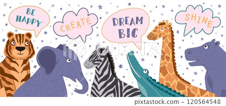 Cute baby animals. Kid nursery shower, doodle elephant lion and tiger, jungle children decorative background, scandinavian safari banner or poster with phrases. Vector cartoon flat illustration 120564548
