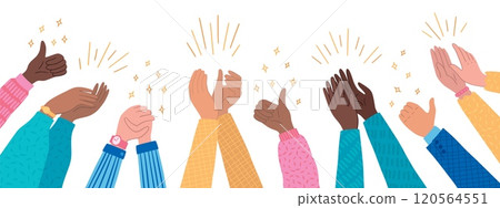 Congratulate background. People hands clap. Thumb up. Success corporate audience. human applauding arms. Victory team celebration. Respect and support. Cheer gesture. Vector illustration Congratulate background. People hands clap. Thumb up. Success corporate audience. human applauding arms. Victory team celebration. Respect and support. Cheer gesture. Vector illustration 120564551