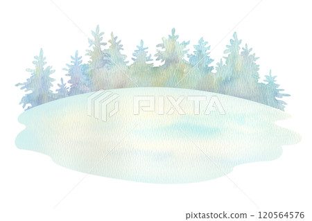 Winter forest background. Hand drawn watercolor silhouette of a coniferous forest on the horizon of snowy field. Isolated element from the forest landscape constructor set for season scenery creating 120564576