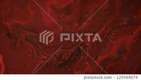 Sparkling marble. Red shimmer. Thick opaque liquid with gold glitter. Art suspension waves with shapeless smooth flow edge color exchange bright texture. 120564674