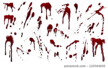 Blood splatter. Halloween horror drop, paint splash texture. Spatter red flow elements, stain or spray. Criminal place, spooky decorative vector isolated on white background bloodstain set 120564695