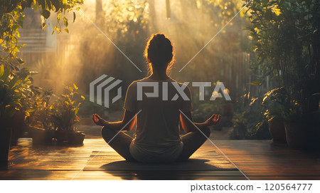 Woman's back view meditating 120564777