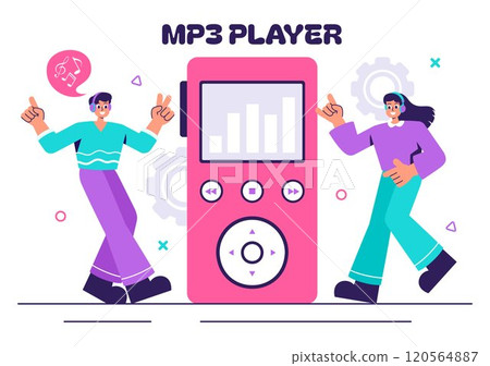 MP3 Player Vector Illustration featuring Musical Notations, Headphones, Headset, and Mobile App Devices for Music Listening on a Flat Background 120564887
