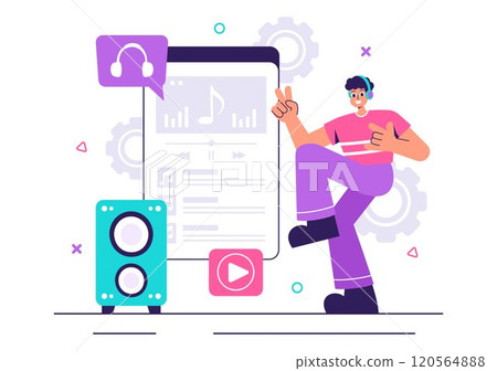 MP3 Player Vector Illustration featuring Musical Notations, Headphones, Headset, and Mobile App Devices for Music Listening on a Flat Background 120564888