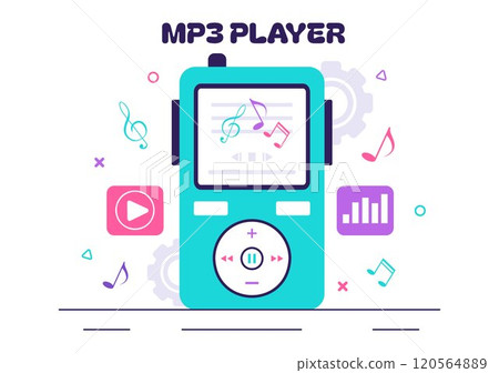 MP3 Player Vector Illustration featuring Musical Notations, Headphones, Headset, and Mobile App Devices for Music Listening on a Flat Background 120564889