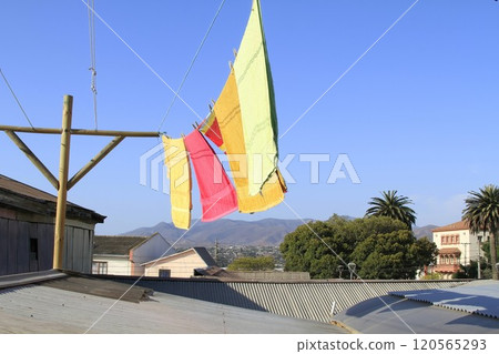 Towels fluttering in wind at La Serena Chile Towels fluttering in wind at La Serena Chile 120565293