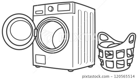 Drum washing machine and laundry basket with laundry inside Drum washing machine and laundry basket with laundry inside 120565514