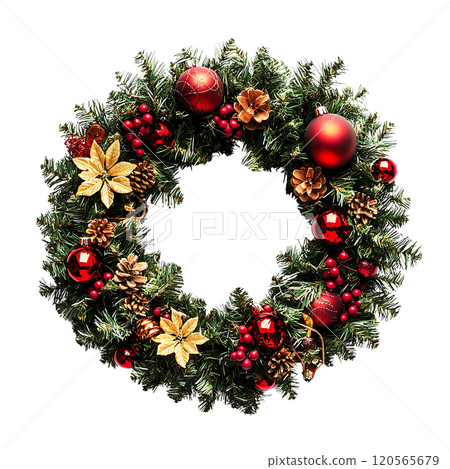 estive Christmas wreath with red and gold ornaments, pinecones, and holly estive Christmas wreath with red and gold ornaments, pinecones, and holly 120565679