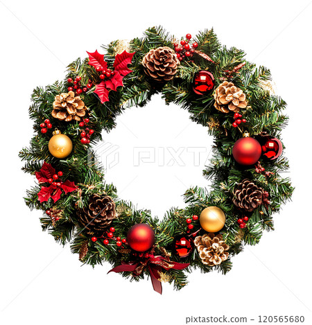 estive Christmas wreath with red and gold ornaments, pinecones, and holly estive Christmas wreath with red and gold ornaments, pinecones, and holly 120565680