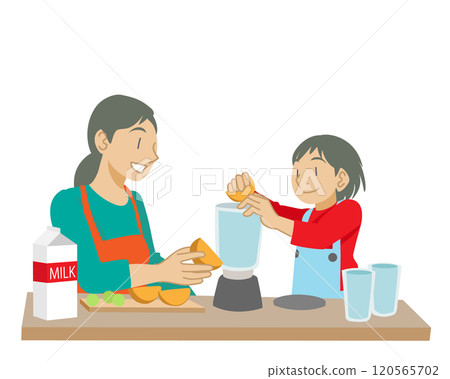 家長和孩子享受用果汁機製作果汁的樂趣 120565702