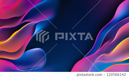 Vibrant waves of color flow gracefully across a dark backdrop, merging shades of pink, blue, and yellow. The smooth, fluid shapes evoke a sense of movement and energy, creating a captivating visual 120566142