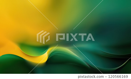 Swirling shapes of green and yellow combine seamlessly, forming an abstract landscape that captures the essence of movement and tranquility. The harmonious flow of colors suggests a serene environment 120566169