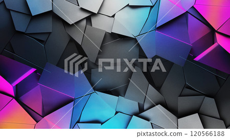 The composition features a dynamic arrangement of sharp, angular shapes in shades of black, gray, and vibrant colors. Bright hues of blue and pink emerge, creating a visually striking contrast against The composition features a dynamic arrangement of sharp, angular shapes in shades of black, gray, and vibrant colors. Bright hues of blue and pink emerge, creating a visually striking contrast against 120566188