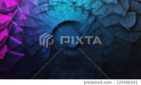 The image showcases an intricate swirling pattern composed of angular shapes and polygons in vibrant hues of blue, turquoise, and purple. The arrangement creates a sense of depth and movement, drawing The image showcases an intricate swirling pattern composed of angular shapes and polygons in vibrant hues of blue, turquoise, and purple. The arrangement creates a sense of depth and movement, drawing 120566201