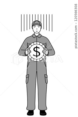 Images of currency losses and a weak dollar, mechanics in overalls 120566308