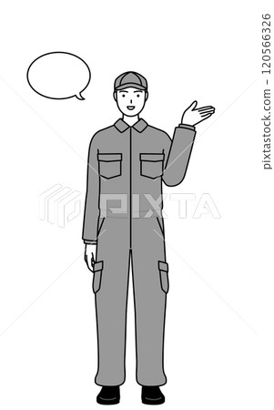 穿著工作服的機械師帶著語音氣泡提供指導 穿著工作服的機械師帶著語音氣泡提供指導 120566326