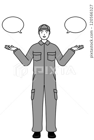 A mechanic in overalls making a comparison, with a speech bubble A mechanic in overalls making a comparison, with a speech bubble 120566327