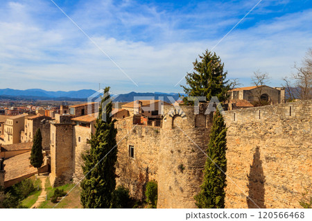 Panoramic view of Girona viewed from the medieval city walls, Catalonia, Spain 120566468