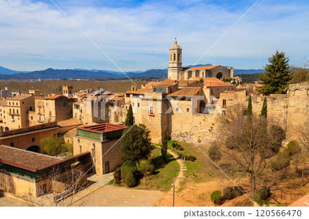 Panoramic view of Girona viewed from the medieval city walls, Catalonia, Spain 120566470