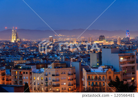 The skyline of Barcelona with the famous Sagrada Familia at night, Spain 120566481