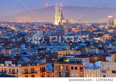 The skyline of Barcelona with the famous Sagrada Familia at night, Spain 120566482