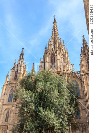 Facade of Gothic Cathedral of the Holy Cross and Saint Eulalia in Barcelona, Spain Facade of Gothic Cathedral of the Holy Cross and Saint Eulalia in Barcelona, Spain 120566485