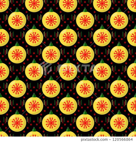 A pattern of Christmas tree balls with snowflakes on a black background. A pattern of Christmas tree balls with snowflakes on a black background. 120566864