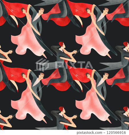 Ballroom dancing, standard. Adult couples on the parquet. Isolated watercolor illustration. Seamless pattern. Black background 120566916