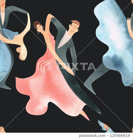 Ballroom dancing, standard. Adult couples on the parquet. Isolated watercolor illustration. Seamless pattern. Black background Ballroom dancing, standard. Adult couples on the parquet. Isolated watercolor illustration. Seamless pattern. Black background 120566919