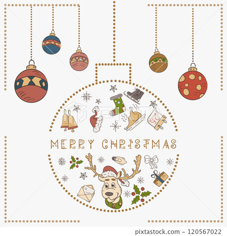 Christmas colored contour illustration in the style of childrens doodles Christmas design elements in a Christmas ball a deer in a Santa hat 120567022