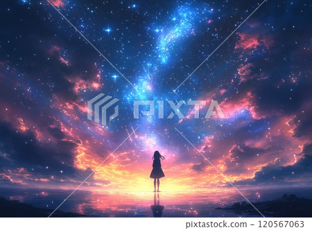 A girl standing by the sea under the stars 120567063