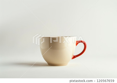 Simple ceramic cup with a red handle on a light background 120567659