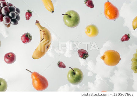 Fruits floating in a whimsical cloud filled atmosphere 120567662