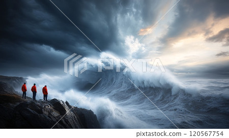 Breathtaking Coastal View with Stormy Sea and People in Red Jackets Observing 120567754