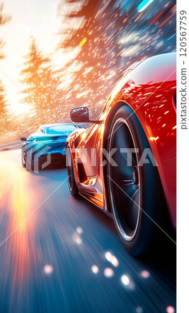 Speeding Supercars Racing Through a Snowy Forest in Exciting Winter Scene 120567759